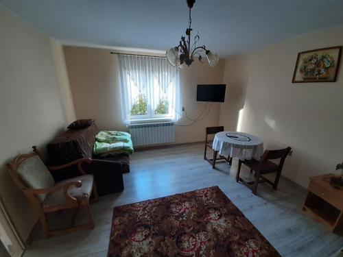 a living room with a couch and a table at Apartament Orlik in Tylicz