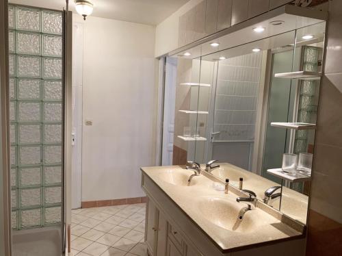 a bathroom with a sink and a mirror and a tub at La Part des Anges in Rubercy