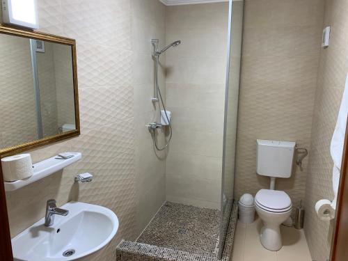 a bathroom with a toilet and a sink and a shower at Casa Maria Arges in Piteşti
