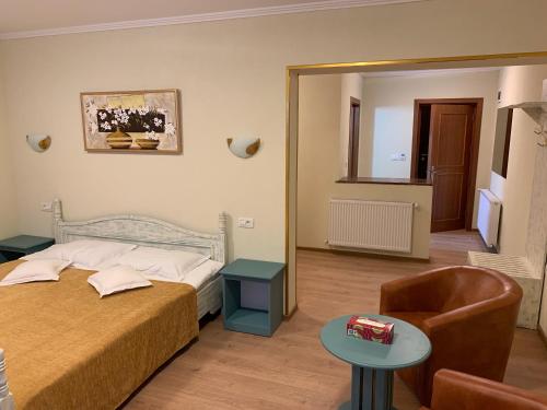 um quarto de hotel com uma cama e uma cadeira em Casa Maria Arges em Piteşti