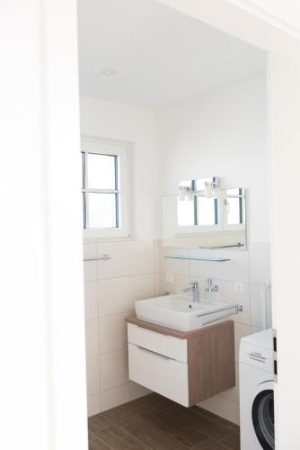 a bathroom with a sink and a washing machine at Haus zur Aach Tinyhouse in Uhldingen-Mühlhofen