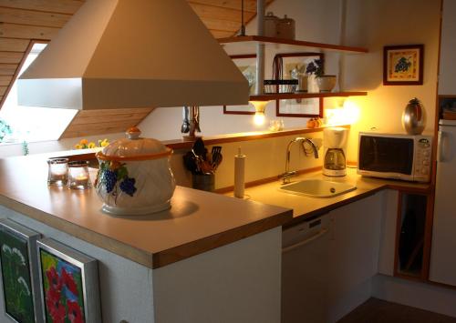 a kitchen with a counter top with a sink at Vigen ferielejligheder in Ebeltoft