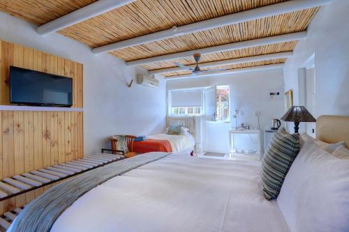 a bedroom with a large bed and a flat screen tv at 81 on Church Guest House in Prince Albert