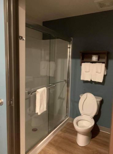 a bathroom with a toilet and a shower with towels at WoodSpring Suites Columbus Urbancrest in Grove City
