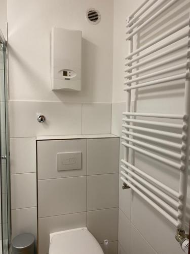 アルテンアウにあるFerienwohnung Schneewittchenの白いバスルーム(トイレ、シャワー付)