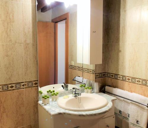 サン・ファン・デ・プランにあるPirineosNature Apartments San Juan de Planのバスルーム(洗面台、鏡付)