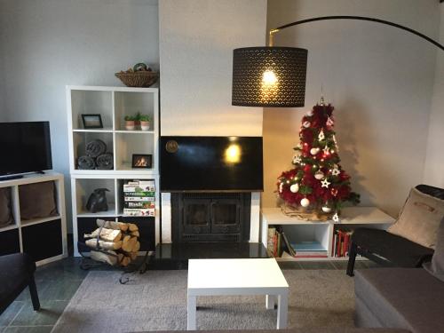 a living room with a christmas tree in front of a fireplace at vakantiehuisje 007 in Koksijde
