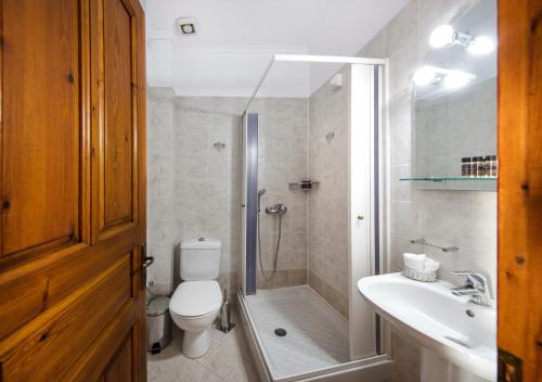 a bathroom with a shower and a toilet and a sink at Spa Guest House by White Hills in the Heart of Arachova in Arachova