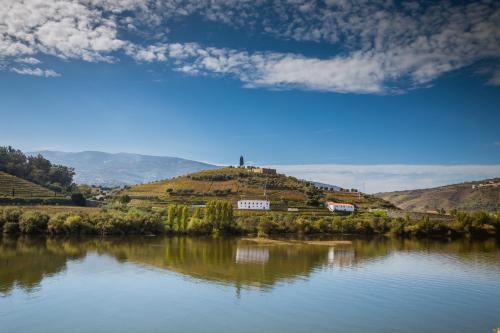 a hill with a house on top of it next to a lake at Hotel Regua Douro in Peso da Régua