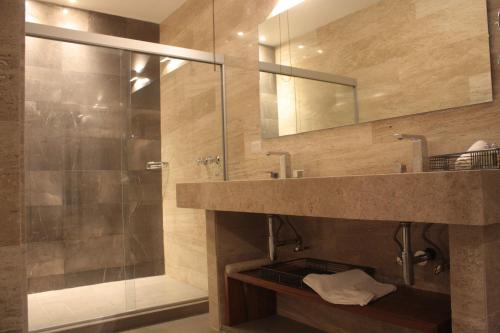La salle de bains est pourvue d'un lavabo et d'une douche. dans l'établissement HOTEL MINA REAL MATEHUALA, à Matehuala