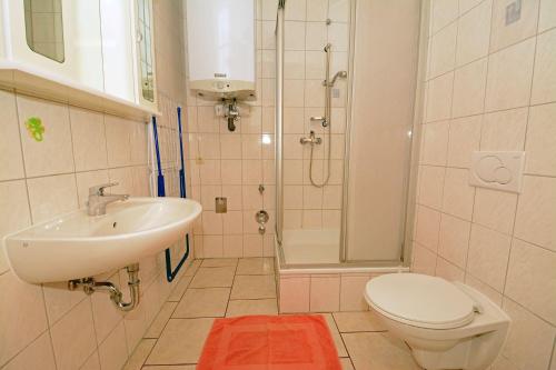 a bathroom with a sink and a toilet and a shower at Hof Brinker - Kornspeicher in Boiensdorf