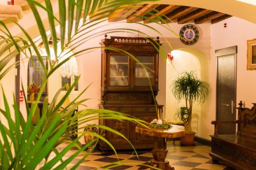 a living room with plants and a wooden cabinet at Hotel Sant'Antonin in Venice