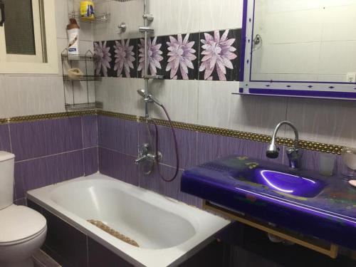 a bathroom with a blue sink and a toilet at Maadi Ring Road Sweet Apartment in Cairo