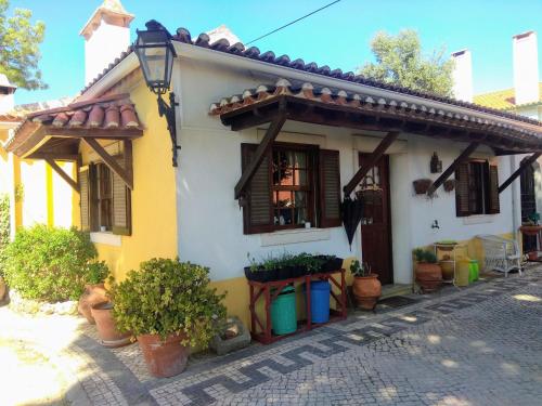 a small yellow and white house with potted plants at Casa Dos Arrabidos in Torres Novas