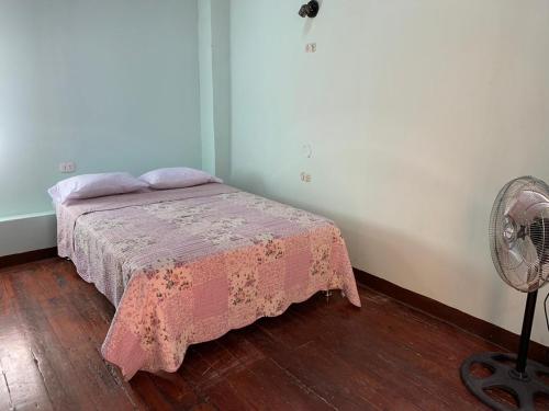 a bedroom with a bed with a pink blanket and a fan at Wild Olive Guest House in Ica