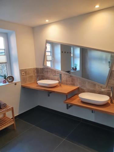ein Badezimmer mit zwei Waschbecken und einem großen Spiegel in der Unterkunft Gute Laune Hof Klingenthal in Klingenthal