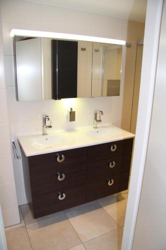 a bathroom with a sink and a mirror at Ferienhaus Sonnenschein in Sint Maarten