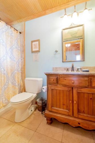 a bathroom with a toilet and a sink and a mirror at 512 E Cooper-The Wave House in Folly Beach