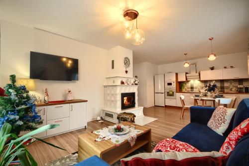 a living room with a couch and a fireplace at Dom w Milówce - Apartamenty na Kowolu in Milówka