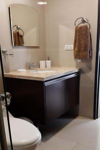 La salle de bains est pourvue d'un lavabo, de toilettes et d'un miroir. dans l'établissement Elegante apartamento en Condominio Baruc II, à Santa Cruz de la Sierra