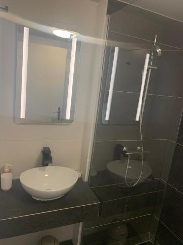 uma casa de banho com um lavatório branco e um espelho. em Swiss Hotel Krummen Eich Pratteln Free Parking em Pratteln