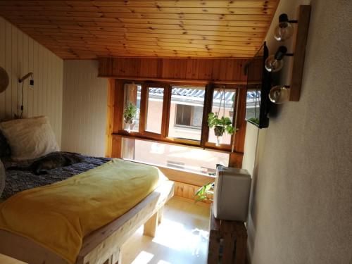 una camera con un letto con un gatto che dorme sopra di Chez Cathy chambre chez l'habitante a Bremis