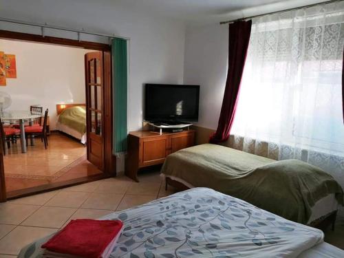 a room with two beds and a television and a living room at Hostel Pascalis Alesd in Aleşd