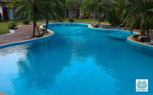 a large blue swimming pool with palm trees in it at The Reef Resort in Koh Kradan