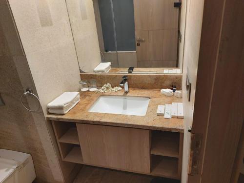 a bathroom with a sink and a large mirror at Tivoli Grand Resort in New Delhi