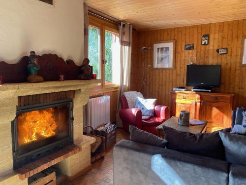 un salon avec une cheminée et un canapé dans l'établissement Chalet Baraka Vue MontBlanc, à Chamonix-Mont-Blanc