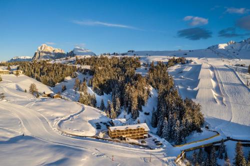 an aerial view of a ski lodge in the snow at Hotel Seelaus in Alpe di Siusi