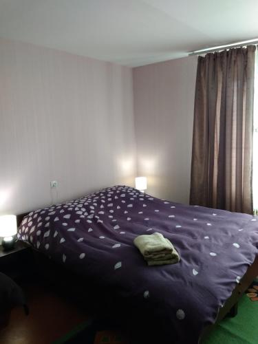 um quarto com uma cama com um edredão roxo em Уютная квартира em Rivne