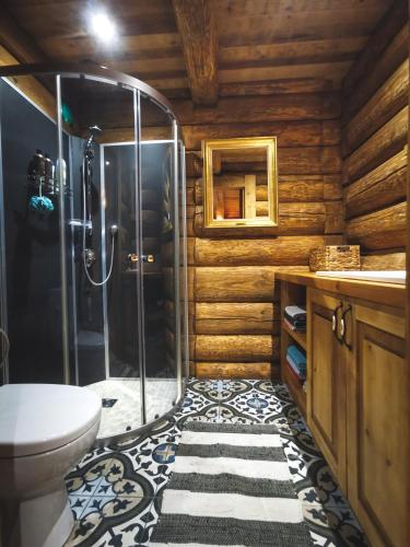 a bathroom with a shower and a toilet at "Gaujmale" sauna house in nature in Laukbeitini