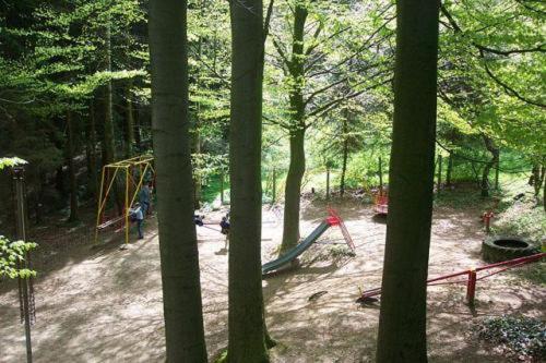a park with a swing set in the woods at Hotel Waldesruh in Georgsmarienhütte