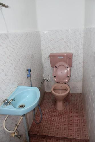a bathroom with a pink toilet and a sink at Balaji Guest House in Puducherry