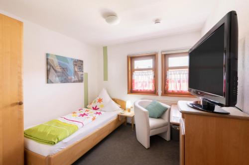 a small room with a couch and a tv at Blütenhotel Village in Sarnau