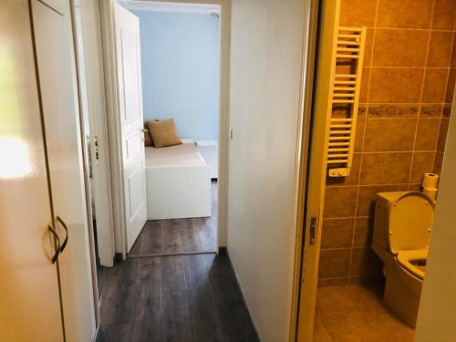 a hallway to a bathroom with a toilet and a sink at Luxury residence Fabron in Nice