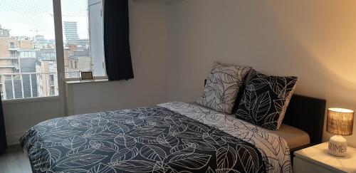 1 dormitorio con cama con almohada y ventana en James Sun Beach Apartment, en Ostende