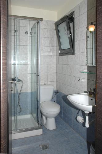 a bathroom with a shower and a toilet and a sink at Achladi Beach in Achladi