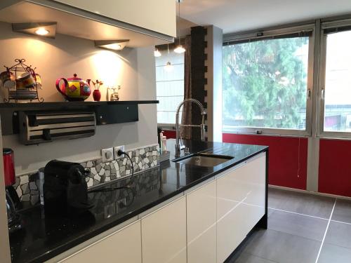 - une cuisine avec un plan de travail noir et un évier dans l'établissement LA FORCLAZ - Centre ville & Lac, Balcon, Parking, à Annecy