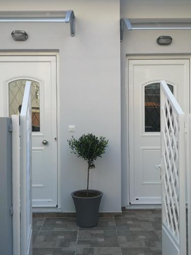 two white doors with a potted plant next to them at CasaDiNova2 in Paradeísion