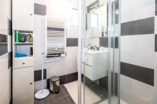 La salle de bains est pourvue d'une douche en verre et d'un lavabo. dans l'établissement Hon-ty, à Groix