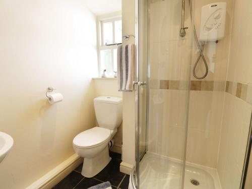 a bathroom with a toilet and a glass shower at Menai Cottage in Llanfairpwllgwyngyll