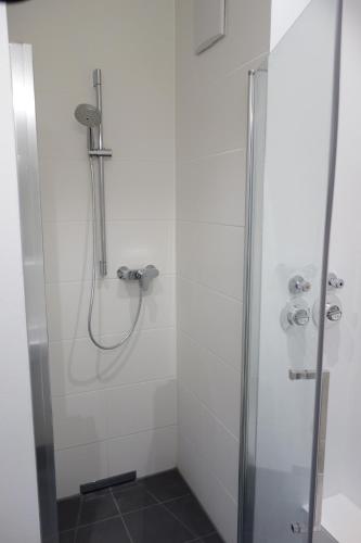 uma casa de banho com um chuveiro e uma porta de vidro em München-Riem my room Apartment an der Messe em Munique