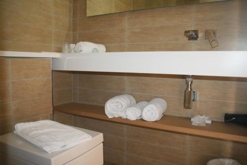a bathroom with towels on a shelf above a toilet at Hotel Olivier in Luxembourg