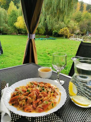 a plate of pasta on a table with a glass of wine at Pensiunea Almas in Piatra Neamţ
