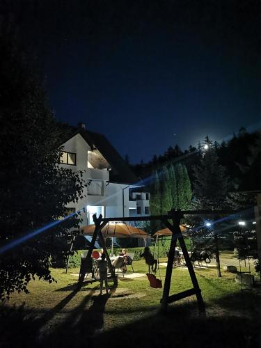 a group of people in a yard at night at Pensiunea Almas in Piatra Neamţ