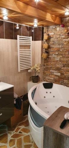 a bathroom with a tub and a stone wall at Le Havre de paix in Saint-Dalmas-le-Selvage