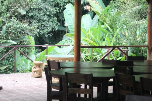 a patio with a table and chairs and plants at Iguana Libre in Dominical