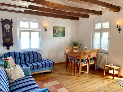 ザスニッツにあるVilla-Rosengarten-Ferienwohnung-Baumhaus-mit-Seeblickのリビングルーム(青いソファ、テーブル付)